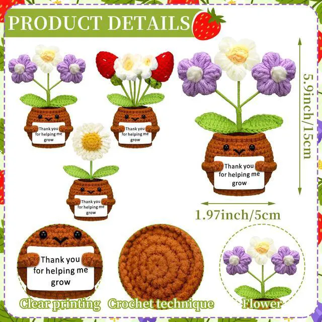 Alt view image 2 of 6 - Wavwavw 3 Pack Back to School Teacher Appreciation Gifts Positive Flower Handmade Crochet Doll Thank You for Helping Me Grow Teacher Gifts for Women Men(Strawberry, Puff and Sunflower)