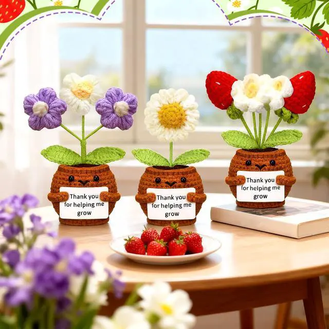 Alt view image 3 of 6 - Wavwavw 3 Pack Back to School Teacher Appreciation Gifts Positive Flower Handmade Crochet Doll Thank You for Helping Me Grow Teacher Gifts for Women Men(Strawberry, Puff and Sunflower)