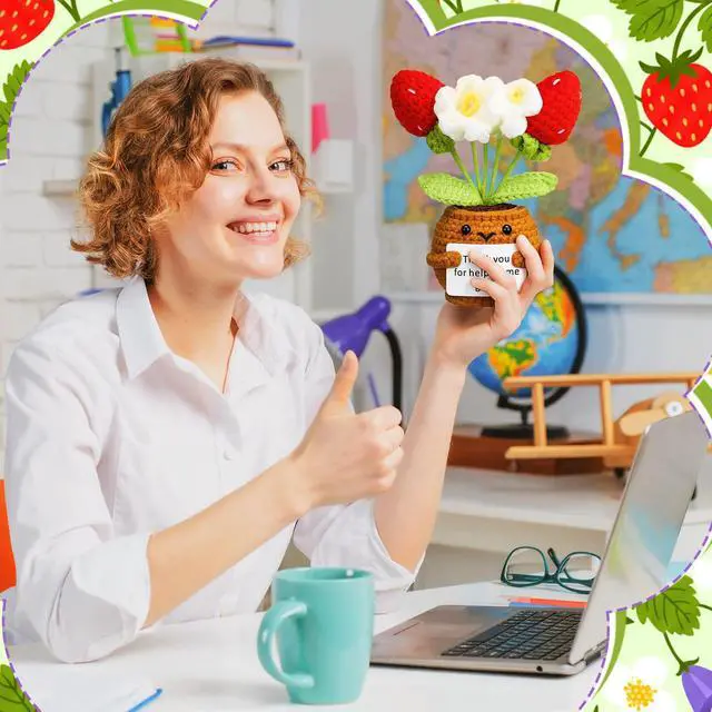 Alt view image 4 of 6 - Wavwavw 3 Pack Back to School Teacher Appreciation Gifts Positive Flower Handmade Crochet Doll Thank You for Helping Me Grow Teacher Gifts for Women Men(Strawberry, Puff and Sunflower)