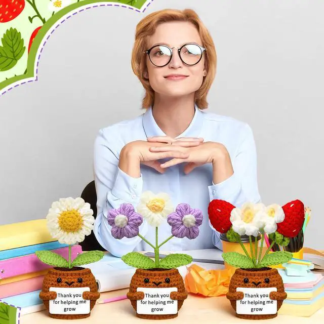 Alt view image 6 of 6 - Wavwavw 3 Pack Back to School Teacher Appreciation Gifts Positive Flower Handmade Crochet Doll Thank You for Helping Me Grow Teacher Gifts for Women Men(Strawberry, Puff and Sunflower)