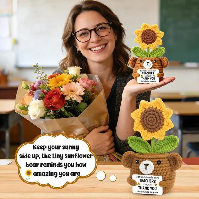 Alt view image 4 of 7 - Teacher Appreciation Gifts for Women,Handmade Crochet Sunflower Bear | Back to School Teacher Gifts for Women Female Teachers' Day End of Year Graduation Birthday Retirement Cute Decor