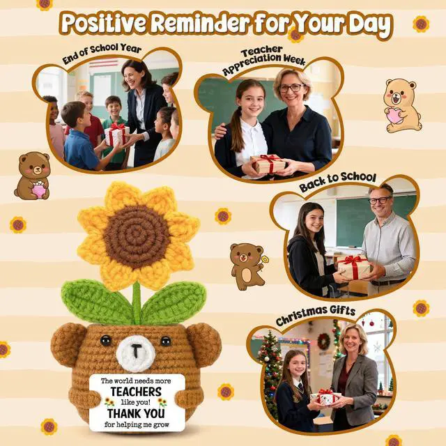 Alt view image 6 of 7 - Teacher Appreciation Gifts for Women,Handmade Crochet Sunflower Bear | Back to School Teacher Gifts for Women Female Teachers' Day End of Year Graduation Birthday Retirement Cute Decor