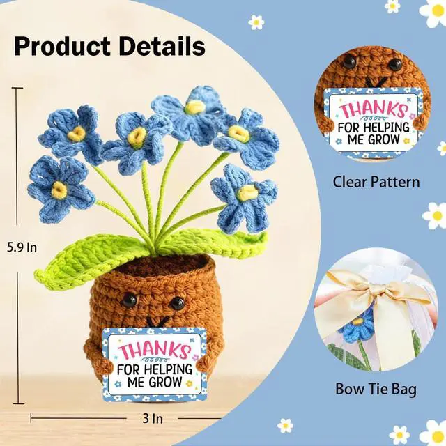 Alt view image 2 of 7 - Thank You Gifts for Teachers,Blue Positve Forget-Me-Not Crocheted Plants Thank You for Helping Me Grow Emotional Support Flowers Teacher Appreciation Day Gifts for Teachers Mentor