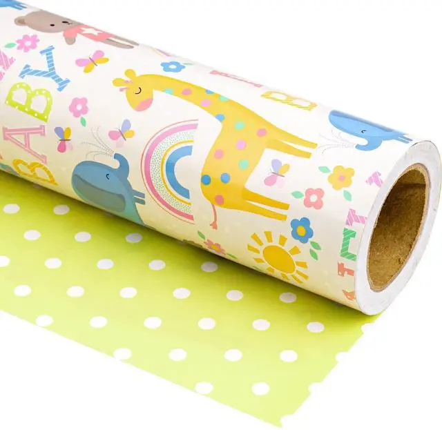 Main image of WRAPAHOLIC Reversible Baby Shower Wrapping Paper - Mini Roll - 17 Inch x 33 Feet - Animals & New Baby Design for Neutral Baby Shower, Boys Girls Kids Birthday