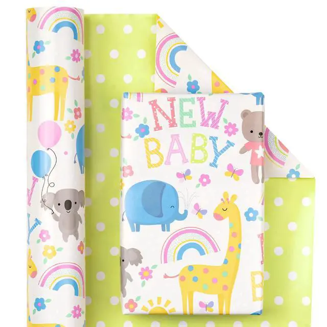 Alt view image 2 of 7 - WRAPAHOLIC Reversible Baby Shower Wrapping Paper - Mini Roll - 17 Inch x 33 Feet - Animals & New Baby Design for Neutral Baby Shower, Boys Girls Kids Birthday