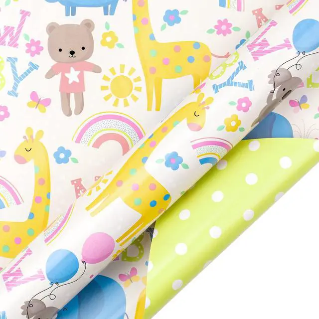 Alt view image 3 of 7 - WRAPAHOLIC Reversible Baby Shower Wrapping Paper - Mini Roll - 17 Inch x 33 Feet - Animals & New Baby Design for Neutral Baby Shower, Boys Girls Kids Birthday