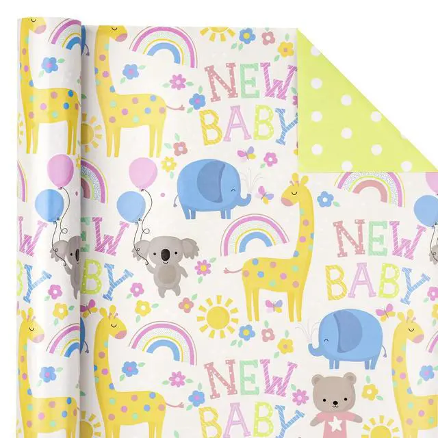Alt view image 4 of 7 - WRAPAHOLIC Reversible Baby Shower Wrapping Paper - Mini Roll - 17 Inch x 33 Feet - Animals & New Baby Design for Neutral Baby Shower, Boys Girls Kids Birthday