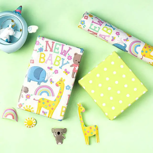 Alt view image 5 of 7 - WRAPAHOLIC Reversible Baby Shower Wrapping Paper - Mini Roll - 17 Inch x 33 Feet - Animals & New Baby Design for Neutral Baby Shower, Boys Girls Kids Birthday