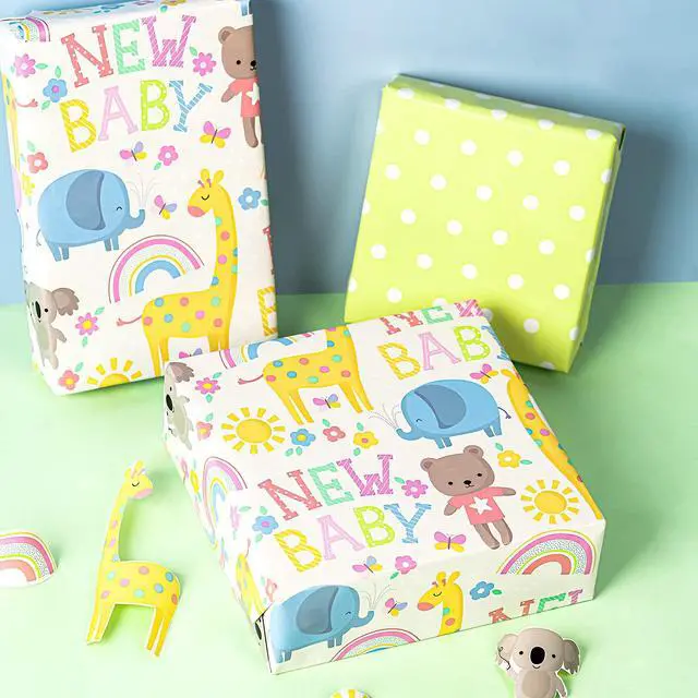 Alt view image 6 of 7 - WRAPAHOLIC Reversible Baby Shower Wrapping Paper - Mini Roll - 17 Inch x 33 Feet - Animals & New Baby Design for Neutral Baby Shower, Boys Girls Kids Birthday