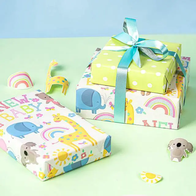 Alt view image 7 of 7 - WRAPAHOLIC Reversible Baby Shower Wrapping Paper - Mini Roll - 17 Inch x 33 Feet - Animals & New Baby Design for Neutral Baby Shower, Boys Girls Kids Birthday