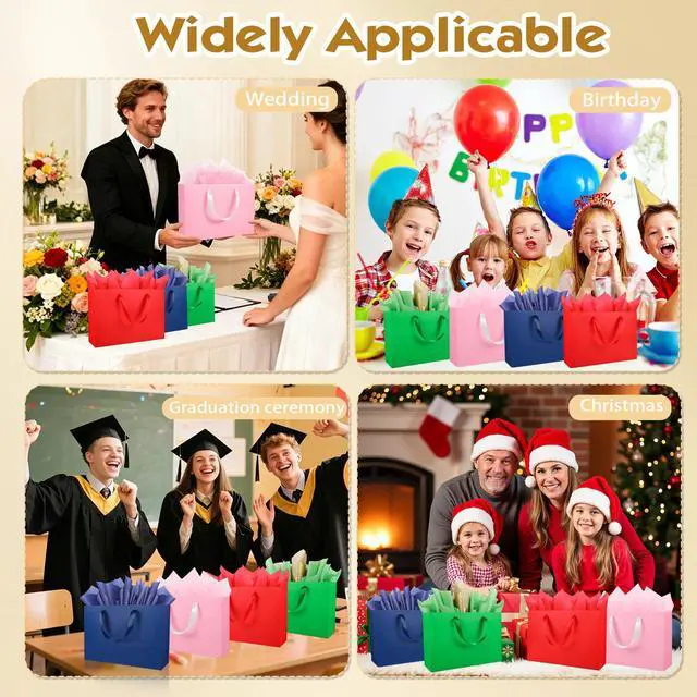 Alt view image 4 of 7 - Epoesch 4 Pack Colorful Medium Gift Bags with Handles and 12 Tissue Papers | 12.6x8.7x4 Inches for Birthdays Party, Baby Showers, Weddings, Anniversaries, Halloween, Christmas & Holidays