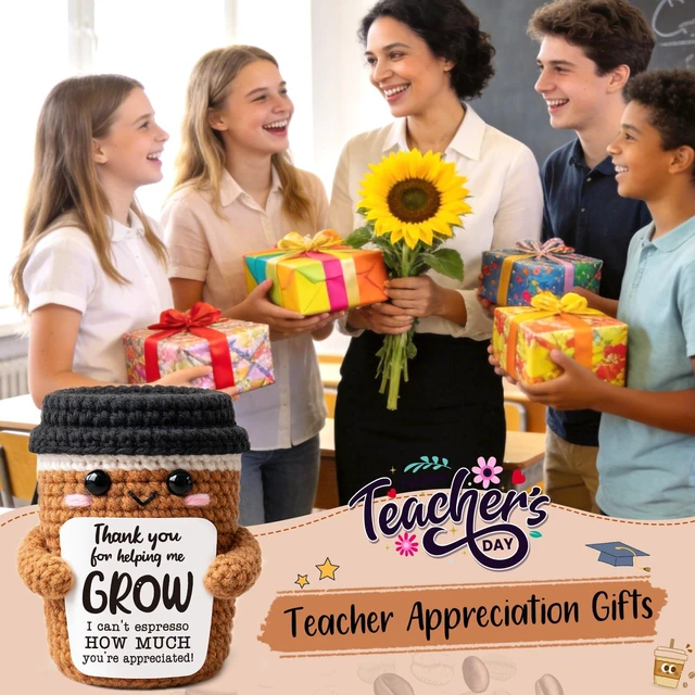 Alt view image 3 of 7 - TuSuQing Teacher Appreciation Gifts, Thank You for Helping Me Grow | Back to school Mini Cute Christmas Handmade Crochet Espresso Gifts for Teachers Day, End of Year, Graduation, Retirement