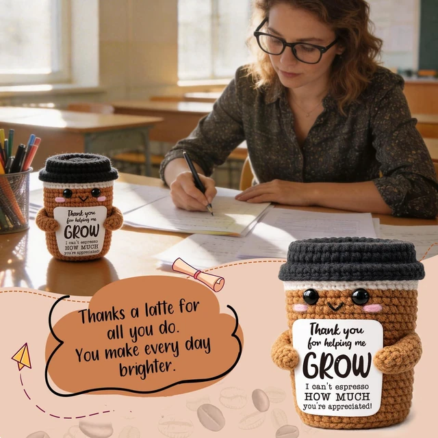 Alt view image 6 of 7 - TuSuQing Teacher Appreciation Gifts, Thank You for Helping Me Grow | Back to school Mini Cute Christmas Handmade Crochet Espresso Gifts for Teachers Day, End of Year, Graduation, Retirement