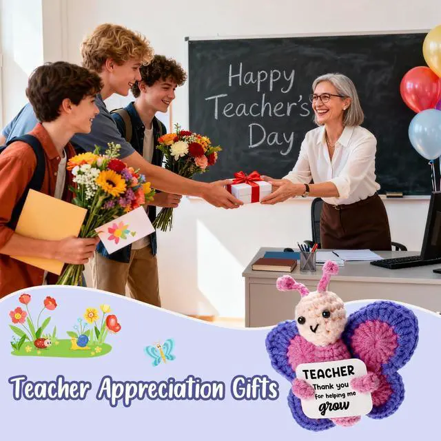 Alt view image 4 of 7 - WEYON Teacher Appreciation Gift, Hand-Crocheted Pink & Purple Butterfly with Thank You for Helping Me Grow Card -Unique Christmas Teacher Birthday, Graduation, Retirement Gift from Student