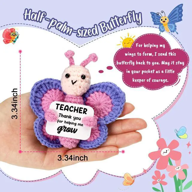 Alt view image 2 of 7 - WEYON Teacher Appreciation Gift, Hand-Crocheted Pink & Purple Butterfly with Thank You for Helping Me Grow Card -Unique Christmas Teacher Birthday, Graduation, Retirement Gift from Student