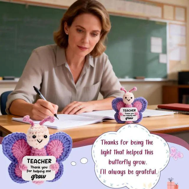 Alt view image 5 of 7 - WEYON Teacher Appreciation Gift, Hand-Crocheted Pink & Purple Butterfly with Thank You for Helping Me Grow Card -Unique Christmas Teacher Birthday, Graduation, Retirement Gift from Student