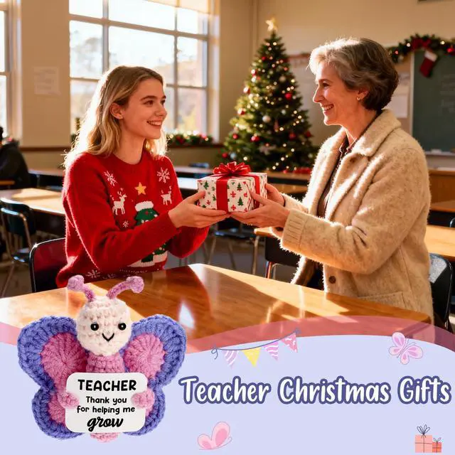 Alt view image 6 of 7 - WEYON Teacher Appreciation Gift, Hand-Crocheted Pink & Purple Butterfly with Thank You for Helping Me Grow Card -Unique Christmas Teacher Birthday, Graduation, Retirement Gift from Student