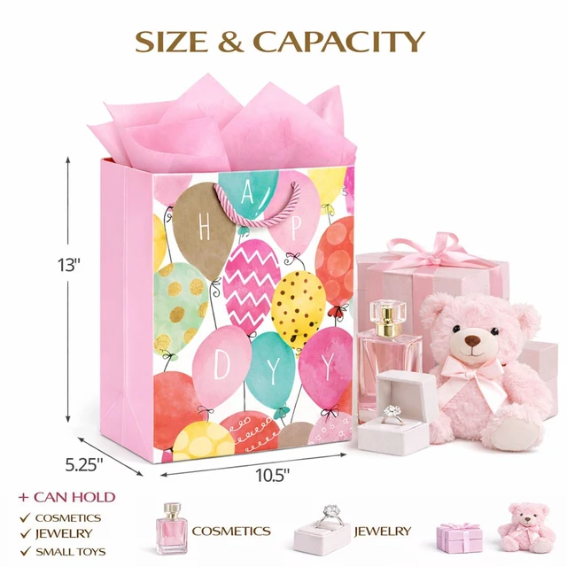 Alt view image 2 of 7 - Gift Bags for Women Girls Teens, 2 Pack Medium, Tissue Paper | Pastel balloon & floral-star designs; pink & purple tissue paper included; thick cardstock with reinforced bottom keeps shape