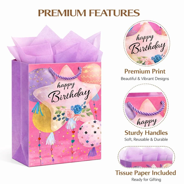 Alt view image 3 of 7 - Gift Bags for Women Girls Teens, 2 Pack Medium, Tissue Paper | Pastel balloon & floral-star designs; pink & purple tissue paper included; thick cardstock with reinforced bottom keeps shape