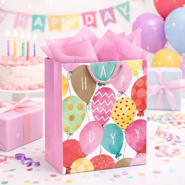 Alt view image 4 of 7 - Gift Bags for Women Girls Teens, 2 Pack Medium, Tissue Paper | Pastel balloon & floral-star designs; pink & purple tissue paper included; thick cardstock with reinforced bottom keeps shape