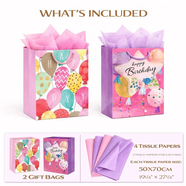 Alt view image 5 of 7 - Gift Bags for Women Girls Teens, 2 Pack Medium, Tissue Paper | Pastel balloon & floral-star designs; pink & purple tissue paper included; thick cardstock with reinforced bottom keeps shape