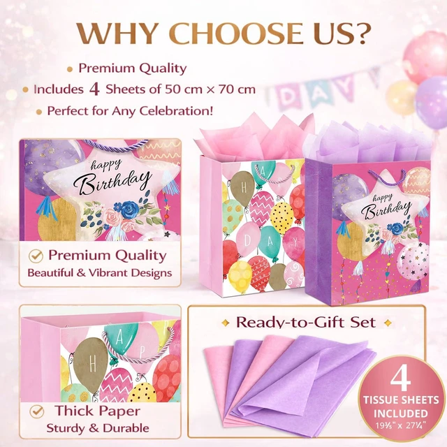 Alt view image 6 of 7 - Gift Bags for Women Girls Teens, 2 Pack Medium, Tissue Paper | Pastel balloon & floral-star designs; pink & purple tissue paper included; thick cardstock with reinforced bottom keeps shape