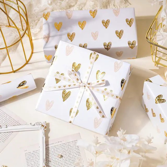 Alt view image 5 of 6 - WRAPAHOLIC Heart Wrapping Paper Roll - Mini Roll - 17 Inch x 16.5 Feet - Gold Foil Heart Design for Valentines Day, Wedding, Bridal Shower, Birthday, Baby Shower