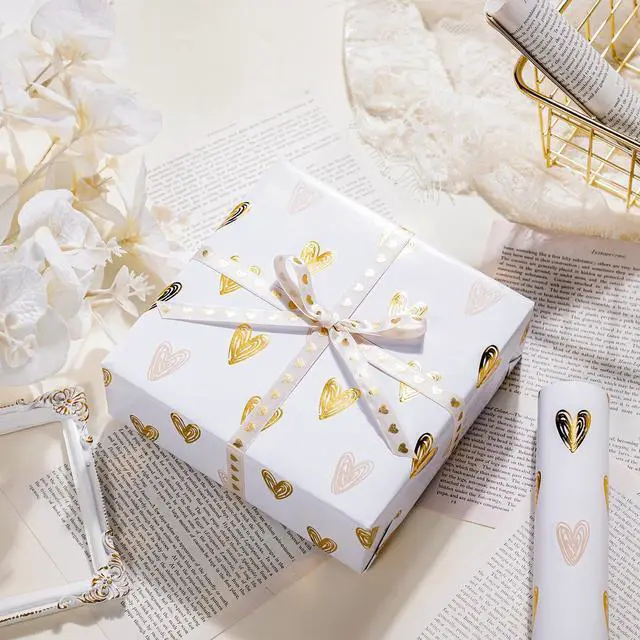 Alt view image 6 of 6 - WRAPAHOLIC Heart Wrapping Paper Roll - Mini Roll - 17 Inch x 16.5 Feet - Gold Foil Heart Design for Valentines Day, Wedding, Bridal Shower, Birthday, Baby Shower