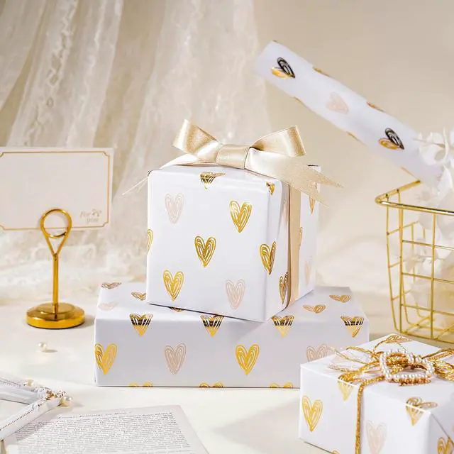 Alt view image 4 of 6 - WRAPAHOLIC Heart Wrapping Paper Roll - Mini Roll - 17 Inch x 16.5 Feet - Gold Foil Heart Design for Valentines Day, Wedding, Bridal Shower, Birthday, Baby Shower