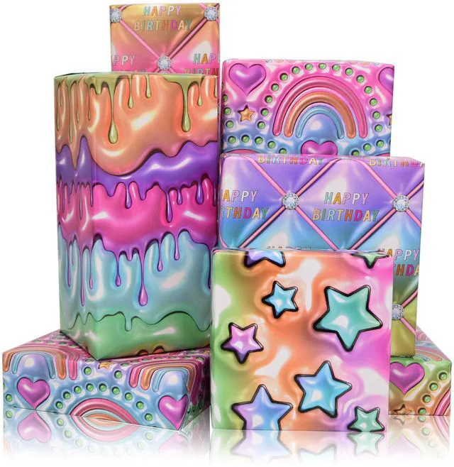 Main image of Dtiafu 3D Effect Birthday Wrapping Paper for Boys Girls Kids Men Women Holiday Celebration Party - 8 Sheets Happy Birth Gift Wrapping Paper with Stereoscopic Design - 20 x 28 Inch Per Sheet