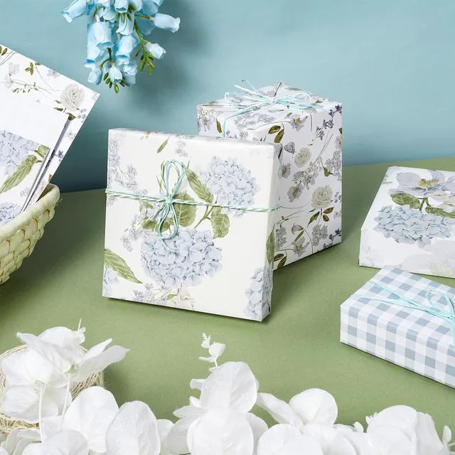 Alt view image 5 of 7 - Floral Wrapping Paper, Blue Hydrangea Flowers & Gingham Check, 4 Different Design for Wedding, Bridal Shower, Mother's Day, Birthday, 12 Folded Sheets, 27.5 x 19.6 inches Per Sheet