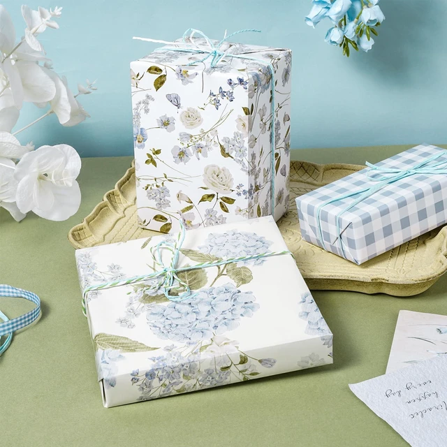 Alt view image 6 of 7 - Floral Wrapping Paper, Blue Hydrangea Flowers & Gingham Check, 4 Different Design for Wedding, Bridal Shower, Mother's Day, Birthday, 12 Folded Sheets, 27.5 x 19.6 inches Per Sheet