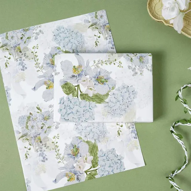 Alt view image 7 of 7 - Floral Wrapping Paper, Blue Hydrangea Flowers & Gingham Check, 4 Different Design for Wedding, Bridal Shower, Mother's Day, Birthday, 12 Folded Sheets, 27.5 x 19.6 inches Per Sheet