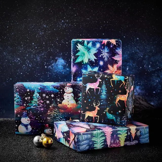 Alt view image 2 of 7 - Vnaaem Christmas Wrapping paper for Boys Girls Kids - Rainbow Xmas Gift Wrap with Snowflakes Tree Snowman Reindeer Design for Christmas Holiday - 20 X 28Inches Per Sheet(8 Pack)