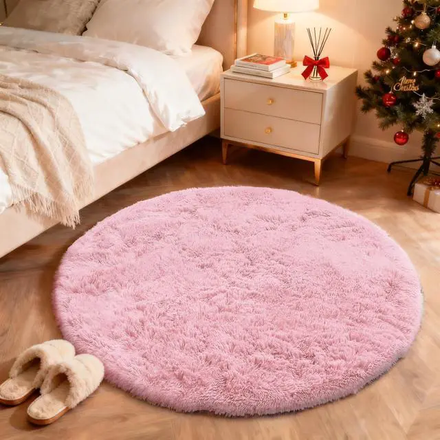Alt view image 3 of 7 - OLANLY Pink Round Rugs for Bedroom - Machine Washable, 4 ft Circle Area Rugs for Living Room, Soft and Fluffy Shaggy Carpet for Teen Girls and Boys, Nursery Rooms, Dorms, Home Decor Aesthetic