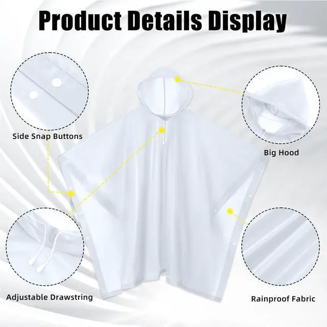 Alt view image 3 of 7 - RINJOY Waterproof Rain Poncho, Reusable Hooded Raincoat, White | Unisex EVA Raincoats, Lightweight, Packable for Emergency, Hiking, Camping, Outdoor Activities, One Size