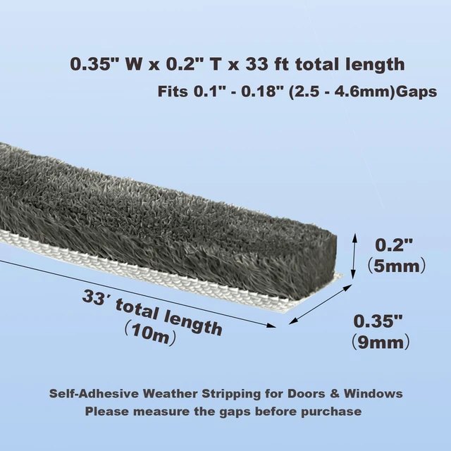 Alt view image 2 of 7 - Strong Self-Adhesive Brush Weather Stripping Door Seal Strip | 0.35" Wide x 0.2" Thick x 33 ft, Draft Stopper, Soundproof & Insulation for Exterior Front Doors & Sliding Windows, Gray
