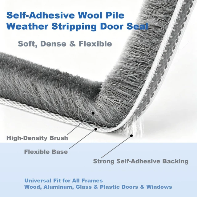 Alt view image 3 of 7 - Strong Self-Adhesive Brush Weather Stripping Door Seal Strip | 0.35" Wide x 0.2" Thick x 33 ft, Draft Stopper, Soundproof & Insulation for Exterior Front Doors & Sliding Windows, Gray