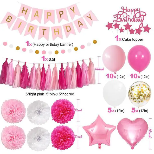 Alt view image 2 of 7 - Pink Red Happy Birthday Party Decorations kits for Girls Women with Happy Birthday Banner, Fringe Curtain,Foil Balloons,Tissue Pompoms,Dots Garland,Tassels Garland,Cake Topper for birthday decor(pink)