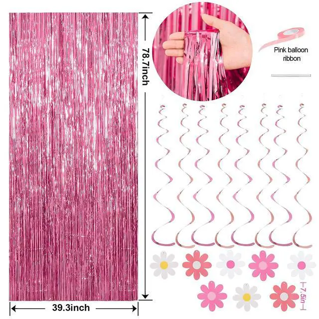 Alt view image 3 of 7 - Pink Red Happy Birthday Party Decorations kits for Girls Women with Happy Birthday Banner, Fringe Curtain,Foil Balloons,Tissue Pompoms,Dots Garland,Tassels Garland,Cake Topper for birthday decor(pink)