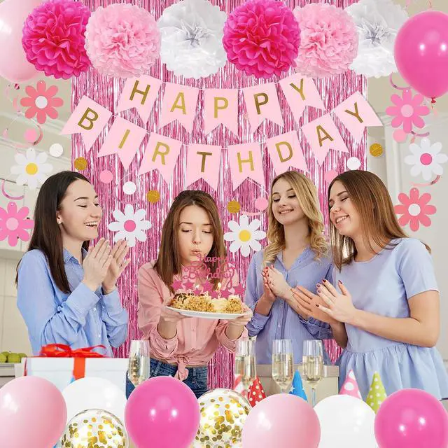 Alt view image 4 of 7 - Pink Red Happy Birthday Party Decorations kits for Girls Women with Happy Birthday Banner, Fringe Curtain,Foil Balloons,Tissue Pompoms,Dots Garland,Tassels Garland,Cake Topper for birthday decor(pink)