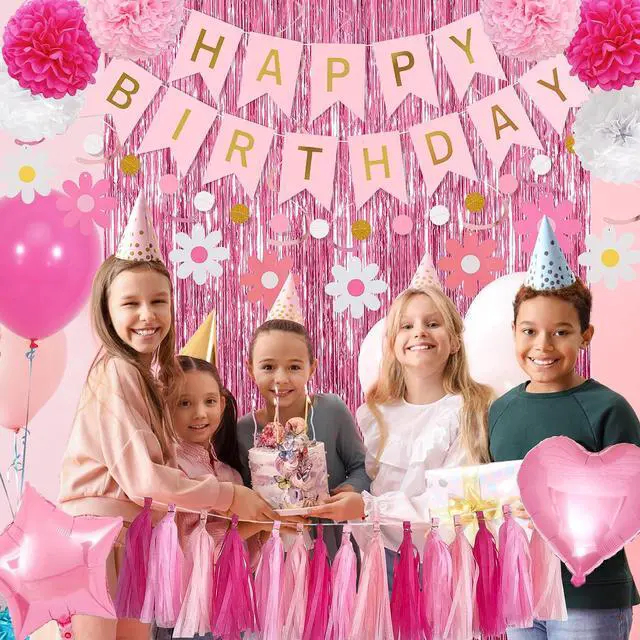 Alt view image 5 of 7 - Pink Red Happy Birthday Party Decorations kits for Girls Women with Happy Birthday Banner, Fringe Curtain,Foil Balloons,Tissue Pompoms,Dots Garland,Tassels Garland,Cake Topper for birthday decor(pink)