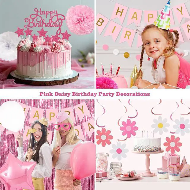 Alt view image 6 of 7 - Pink Red Happy Birthday Party Decorations kits for Girls Women with Happy Birthday Banner, Fringe Curtain,Foil Balloons,Tissue Pompoms,Dots Garland,Tassels Garland,Cake Topper for birthday decor(pink)