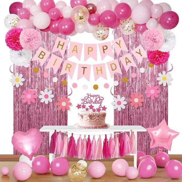 Main image of Pink Red Happy Birthday Party Decorations kits for Girls Women with Happy Birthday Banner, Fringe Curtain,Foil Balloons,Tissue Pompoms,Dots Garland,Tassels Garland,Cake Topper for birthday decor(pink)