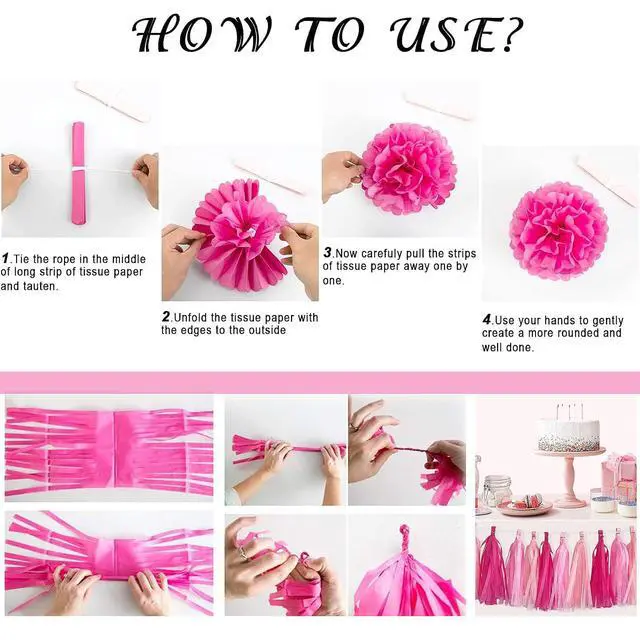 Alt view image 7 of 7 - Pink Red Happy Birthday Party Decorations kits for Girls Women with Happy Birthday Banner, Fringe Curtain,Foil Balloons,Tissue Pompoms,Dots Garland,Tassels Garland,Cake Topper for birthday decor(pink)