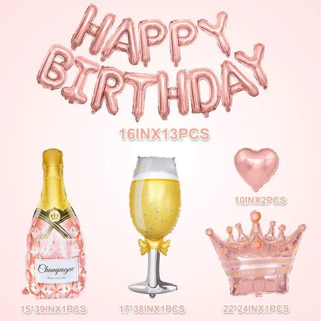 Alt view image 2 of 7 - Amandir Rose Gold Birthday Party Decorations for Women Girls | Rose Gold Pink Confetti Foil Balloons, Butterfly, Fringe Curtain, Happy Birthday Banner, Cake Topper for Supplies Decor