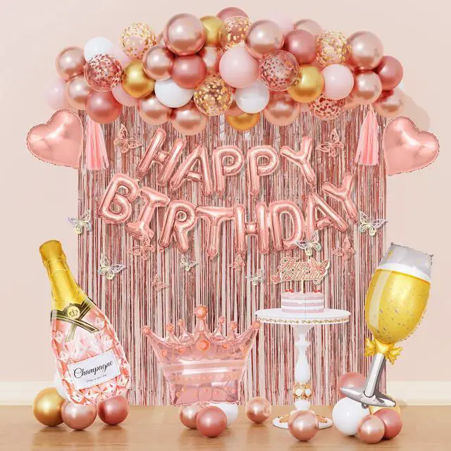 Main image of Amandir Rose Gold Birthday Party Decorations for Women Girls | Rose Gold Pink Confetti Foil Balloons, Butterfly, Fringe Curtain, Happy Birthday Banner, Cake Topper for Supplies Decor