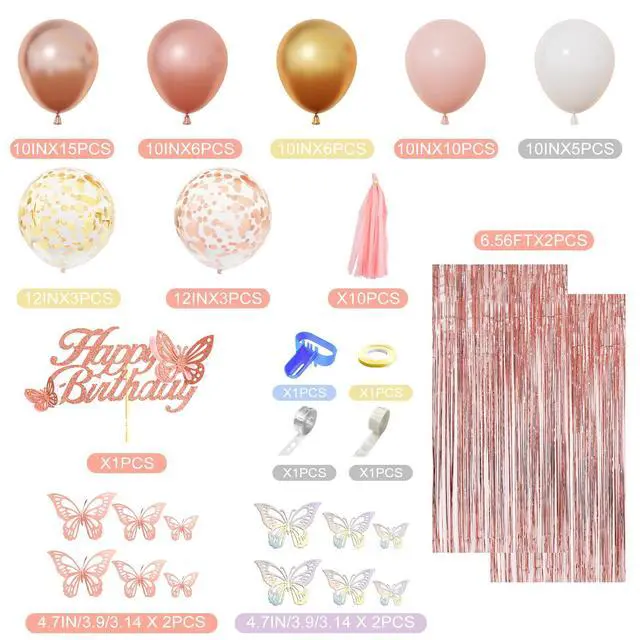 Alt view image 3 of 7 - Amandir Rose Gold Birthday Party Decorations for Women Girls | Rose Gold Pink Confetti Foil Balloons, Butterfly, Fringe Curtain, Happy Birthday Banner, Cake Topper for Supplies Decor