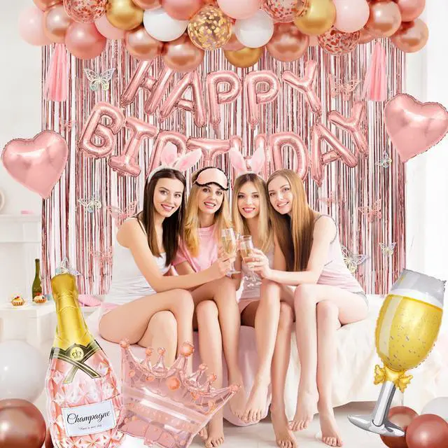Alt view image 5 of 7 - Amandir Rose Gold Birthday Party Decorations for Women Girls | Rose Gold Pink Confetti Foil Balloons, Butterfly, Fringe Curtain, Happy Birthday Banner, Cake Topper for Supplies Decor