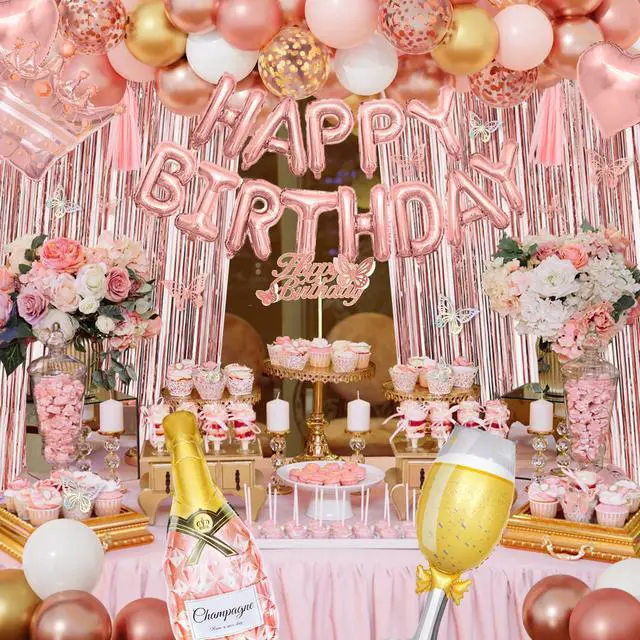 Alt view image 6 of 7 - Amandir Rose Gold Birthday Party Decorations for Women Girls | Rose Gold Pink Confetti Foil Balloons, Butterfly, Fringe Curtain, Happy Birthday Banner, Cake Topper for Supplies Decor
